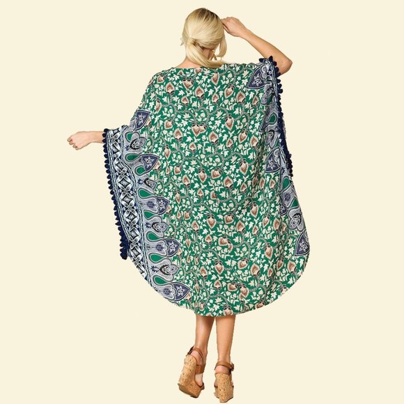 Gigio Border Print Tassel Trim Kimono • NWT • Rayon • Hi-Lo Hem • Open Front - Picture 2 of 6